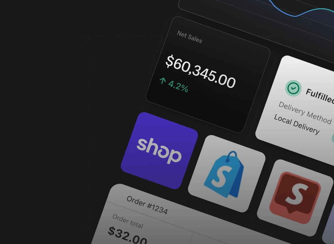 A grid of product tiles including Shop Pay, sales metrics, and fulfillment tracking.