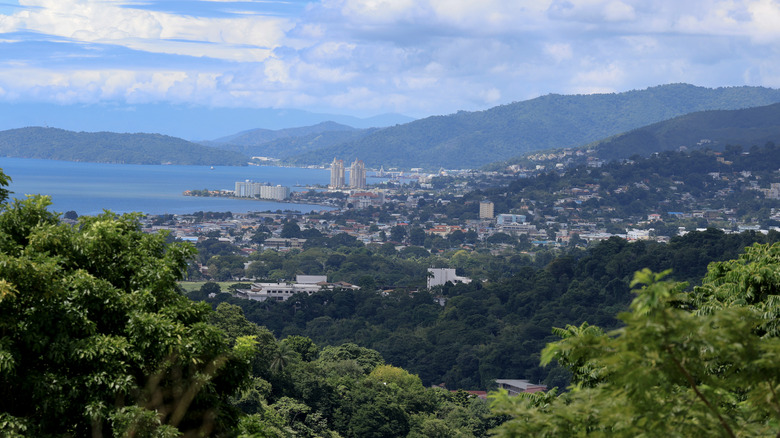An aerial view looking over Port of Spain in Trinidad and Tobago.