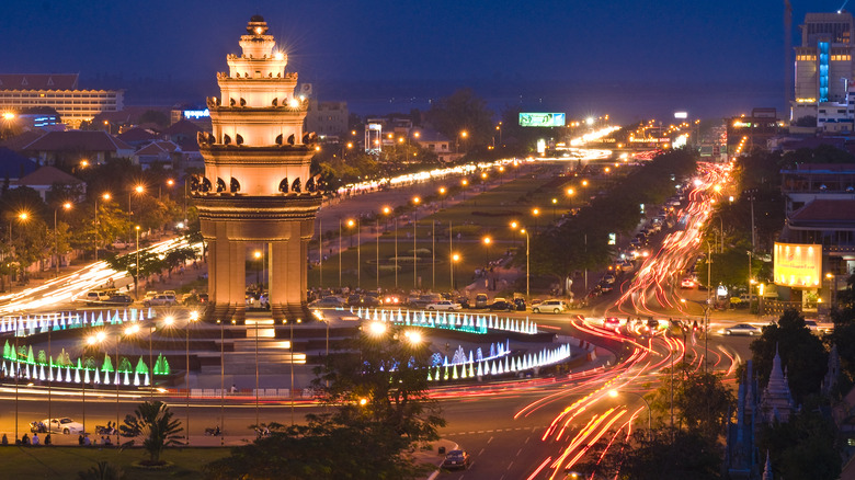 busy night street traffic in Phnom Penh Cambodia's capital