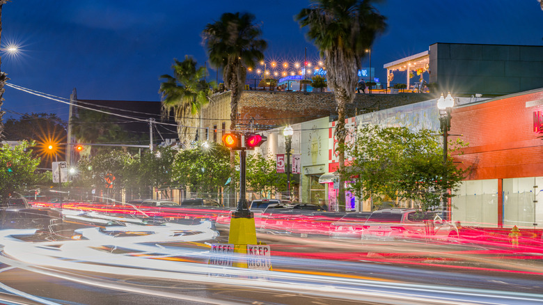 A long exposure image of a street in Five Points, Jacksonville.