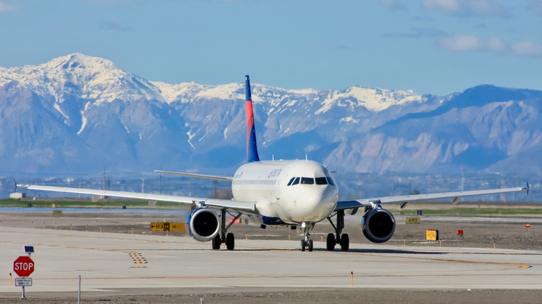 A Delta Airbus taxiing at Salt Lake City International Airport.